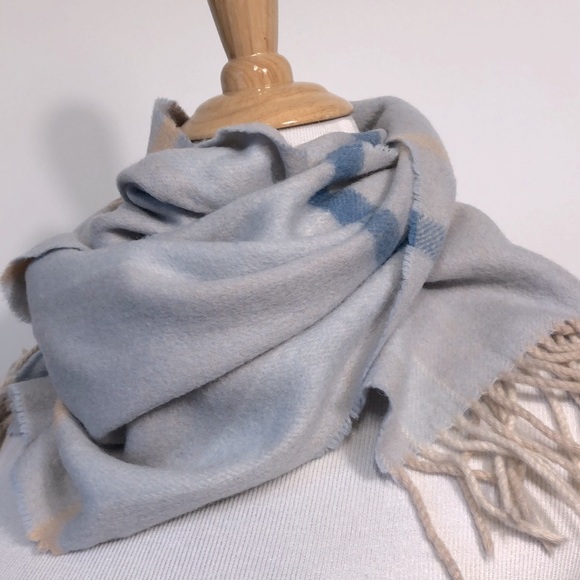 BOHO-Pastel Gray,Blue & Cream Plaid Cashmere Blend Fringed Scarf - Picture 4 of 7